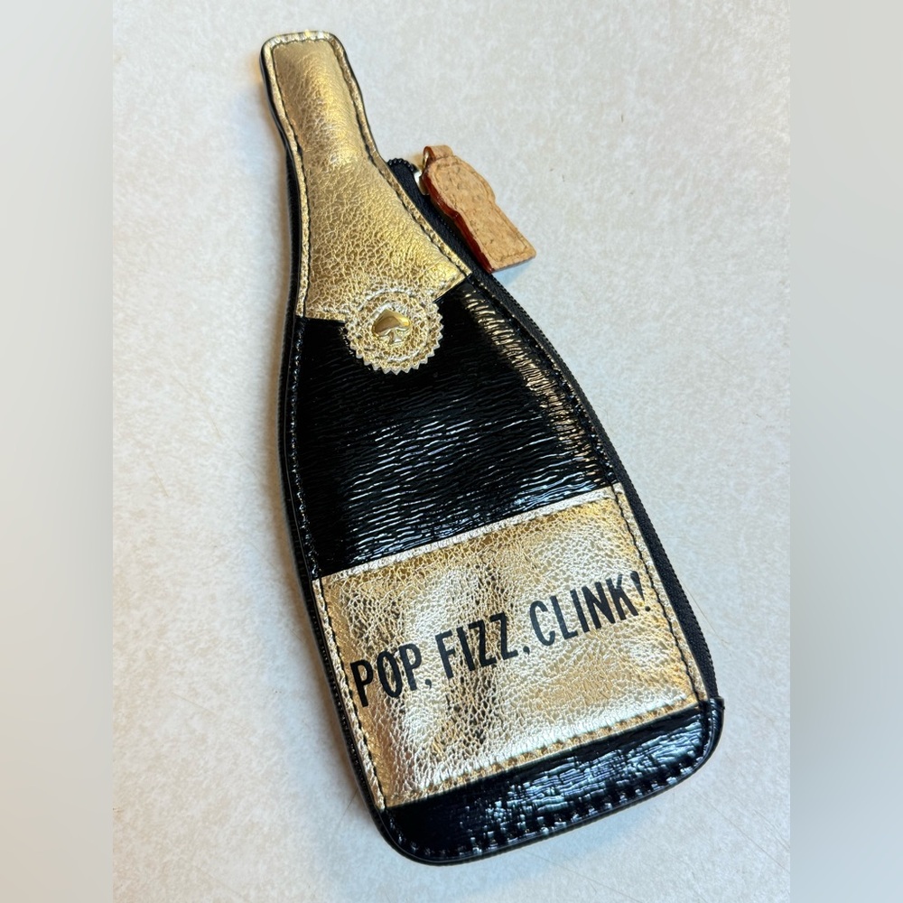 Kate Spade New York Pop Fizz Clink! Champagne Bottle Coin Purse Gold Black NWOT